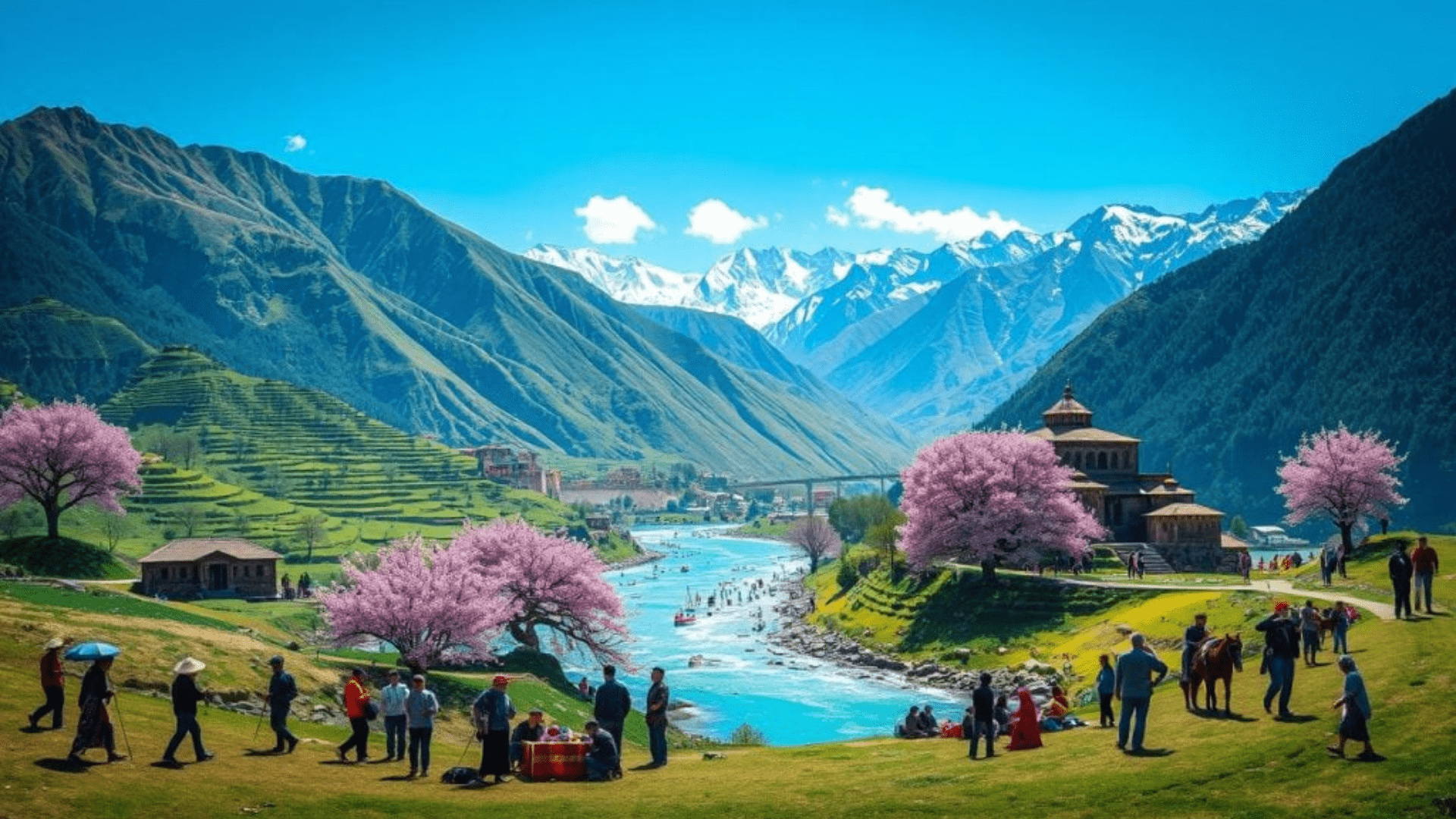 Majestic mountain peaks under a clear blue sky in northern Pakistan.