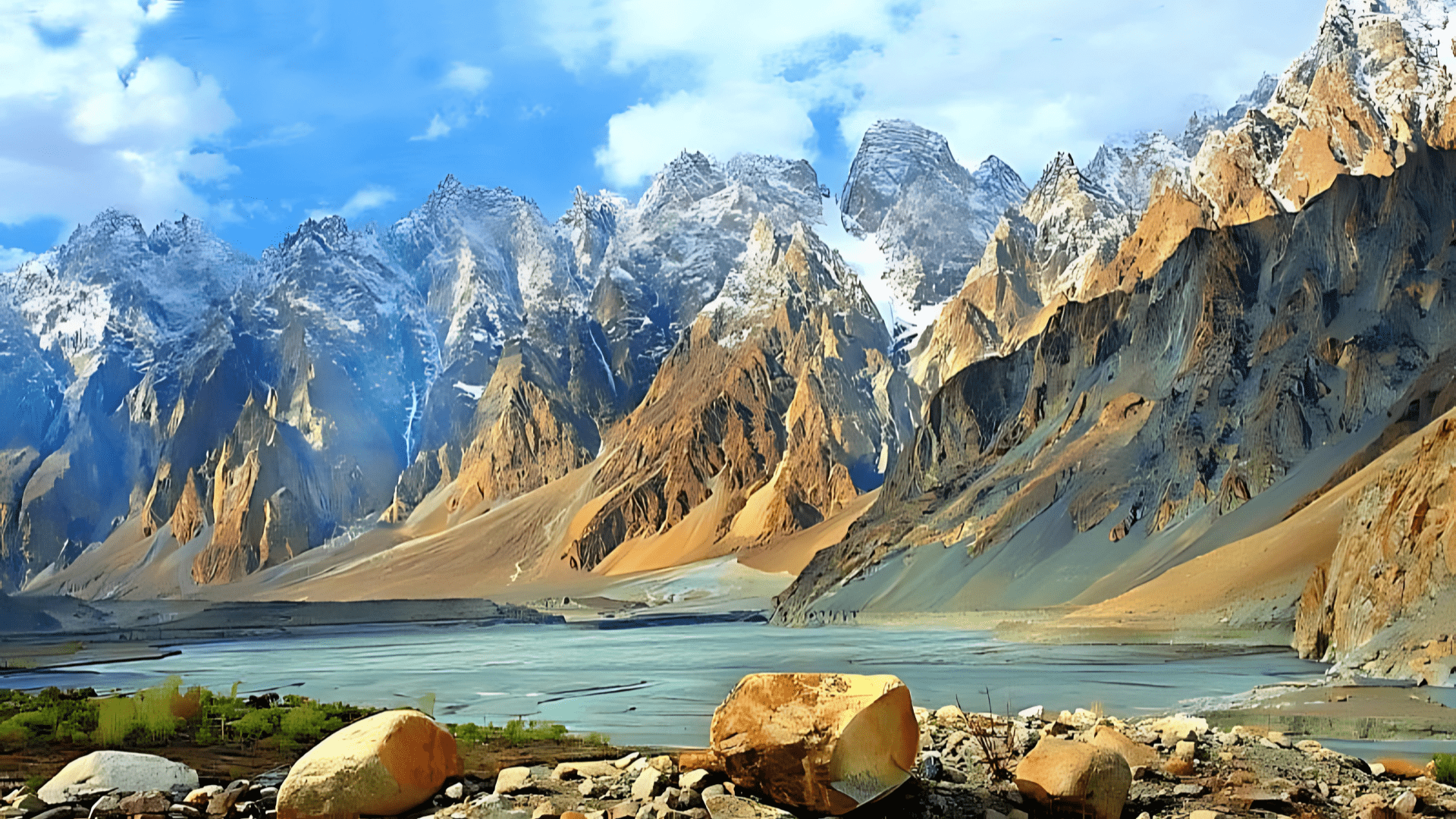 Majestic mountain peaks under a clear blue sky in northern Pakistan.